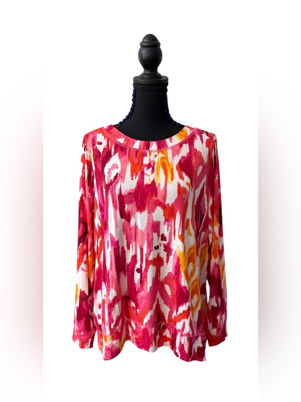 Belle by Kim Gravel Pink and Orange Rayon Abstract Long Sleeve Top